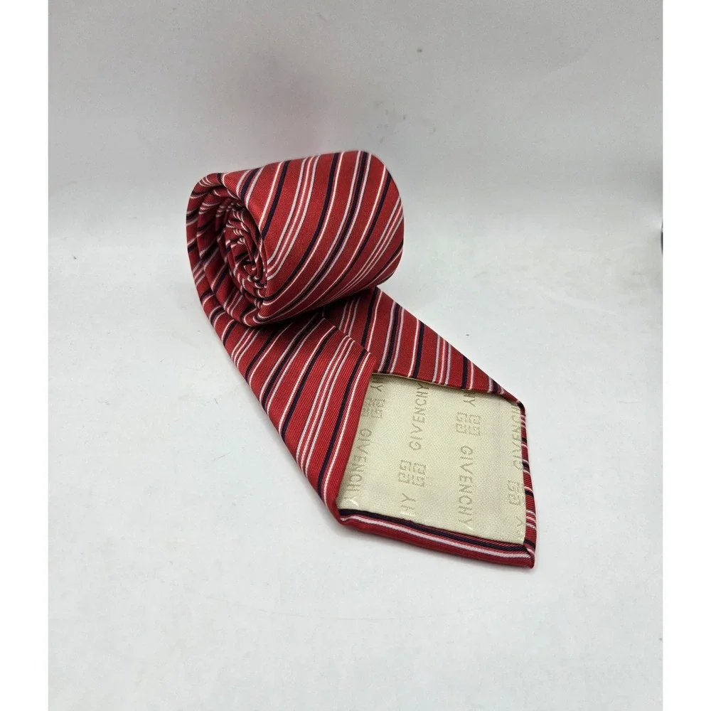 Givenchy Monsieur Silk Tie Mens OS Red White Navy Blue Striped Vintage 90s Italy